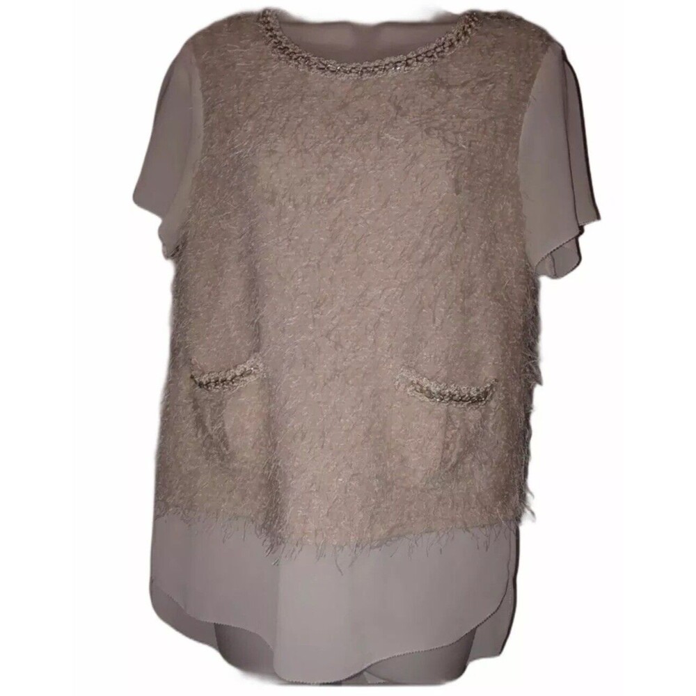 Esley Beige Fringe Hair Chain Link Neck Short Sleeve Top Size M